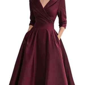 Vintage-Inspired Satin Midi Dress With Draped Collar