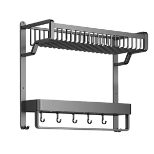 Bathroom Deco 2-Tier Bathroom Wall Shelf with Towel Bar and Hooks 57x42