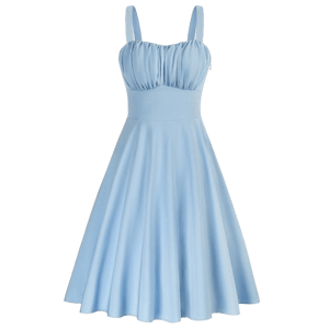 Women's Vintage Sleeveless Solid Floral Ruched Summer Cute Flowy Swing Midi Dress