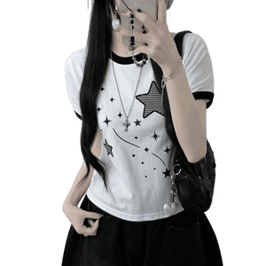 Codibook Star Patch Ringer Color Block Semi-Crop Short Sleeve T-shirt