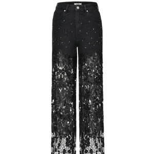 JW PEI Embroidery High-Rise Wide Leg Lace Denim Jeans with Rhinestone