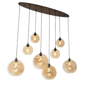 Lampenlicht Art Deco hanglamp donkerbrons met amber glas ovaal 8-lichts