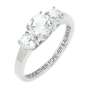 Limoges Jewelry Platinum over Sterling Brilliant White Topaz Three Stone Engraved Wedding Ring