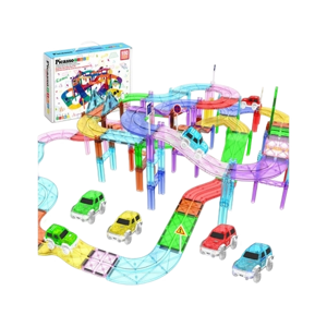 PicassoTiles Magnetic Tile Race Track Set (150 Pieces) with 4 LED Cars
