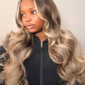Brunette Blonde Highlights Loose Body 13x6 Lace Frontal Wig With Layers