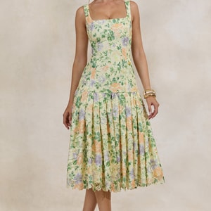 Lumara Lemon Floral Print Lace Square-Neck Midi Dress With Drop Waist