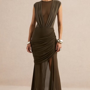 Persephone Khaki Mesh Wrapped Maxi Skirt With Split