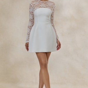 Aerin White High-Neck Mini Dress With Long-Lace Sleeves
