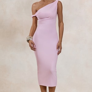 Sarafina Light Pink Twisted Asymmetric-Neck Midi Dress