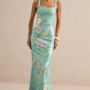 Danette Mint Floral Print Sequin Square-Neck Maxi Dress