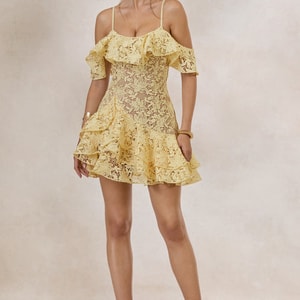 Lyris Lemon Lace Scoop-Neck Mini Dress With Ruffled Detailing