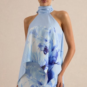 Sancelle Blue Border Floral Print Matte Satin Halter-Neck Top