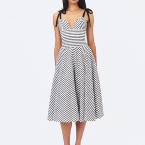Riley Black & White Striped Linen Flared Midi Dress
