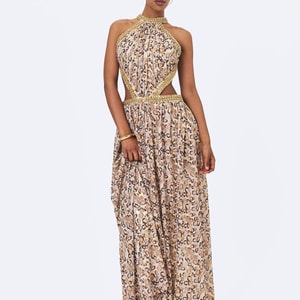 Quinnlyn Beige Cheetah Print Chiffon Halter Maxi Dress