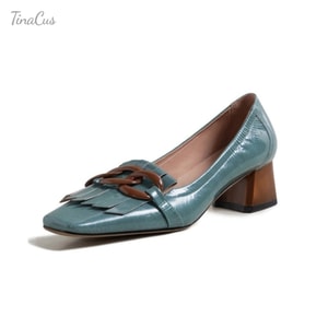 Women's Genuine Leather Square Handmade Tassels Chunky Heel Retro Loafers Shoes with Chain Decor