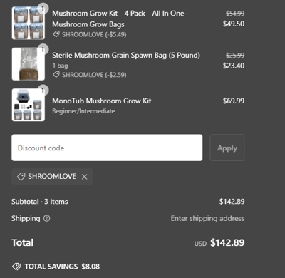 Proof of working Mushroom Spawn Store promo codes and where to put or use Mushroom Spawn Store coupon, added on 2024-11-21 00:00:00.