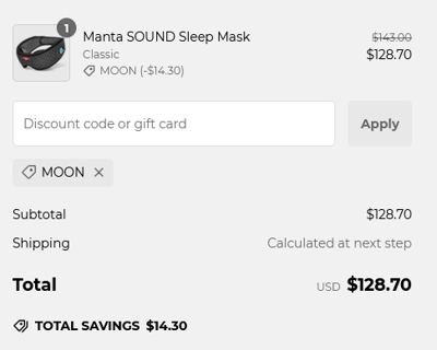 Proof of working Manta Sleep coupon codes and where to put or use Manta Sleep coupon, added on 2024-12-01 00:00:00.