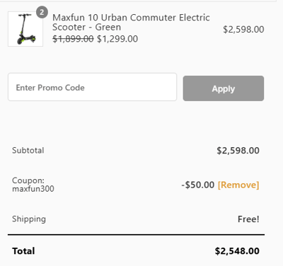 Proof of working MaxFun Scooter promo codes and where to put or use MaxFun Scooter coupon, added on 2025-02-07 00:00:00.