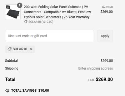 Proof of working ShopSolar coupon codes and where to put or use ShopSolar coupon, added on 2025-02-26 00:00:00.