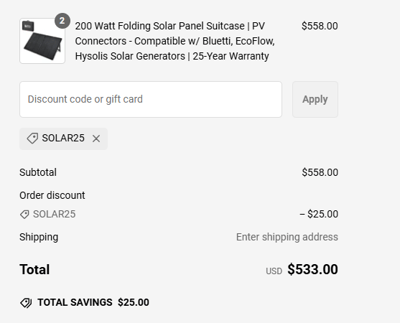 Proof of working ShopSolar coupon codes and where to put or use ShopSolar coupon, added on 2025-02-26 00:00:00.