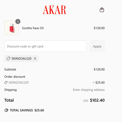 Proof of working AKAR Skin promo codes and where to put or use AKAR Skin coupon, added on 2025-03-06 00:00:00.