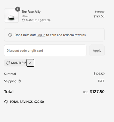 Proof of working MANTLE Skin Care promo codes and where to put or use MANTLE Skin Care coupon, added on 2025-04-11 02:51:59.