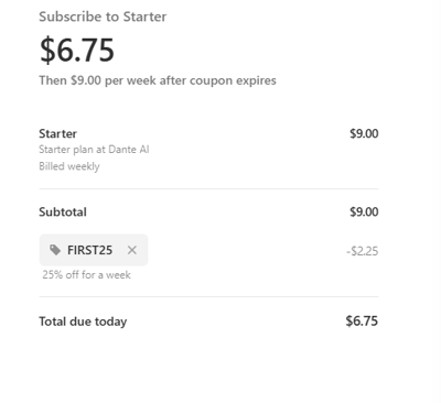 Proof of working Dante AI coupon codes and where to put or use Dante AI coupon, added on 2025-05-15 00:00:00.