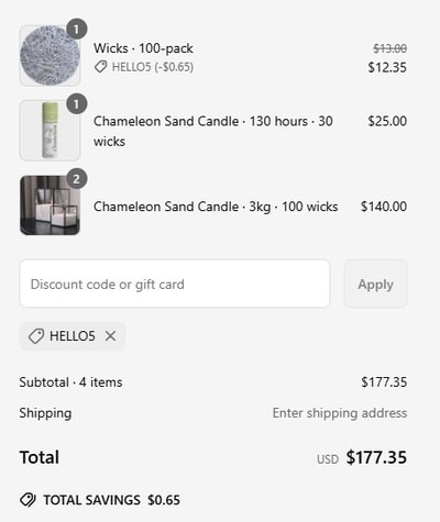 Proof of working Chameleon Sand Candle promo codes and where to put or use Chameleon Sand Candle coupon, added on 2025-07-01 00:00:00.