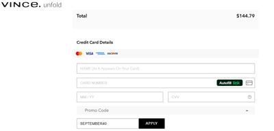 Proof of working Vince Unfold coupon codes and where to put or use Vince Unfold coupon, added on 2024-09-20 00:00:00.