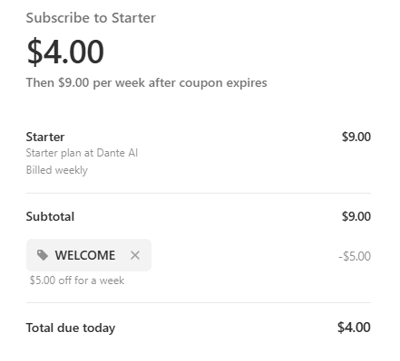 Proof of working Dante AI coupon codes and where to put or use Dante AI coupon, added on 2025-05-15 00:00:00.