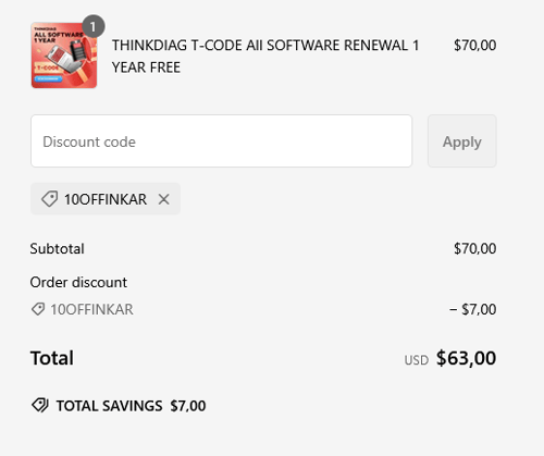 proof of working ThinkCar coupon codes 10OFFINKAR