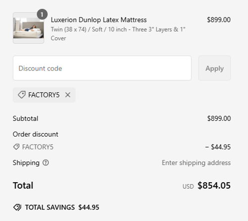 proof of working Latex Mattress Factory discount codes FACTORY5