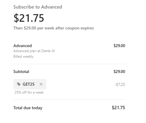 proof of working Dante AI promo codes GET25