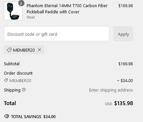 proof of working Phantom Pickleball discount codes MEMBER20