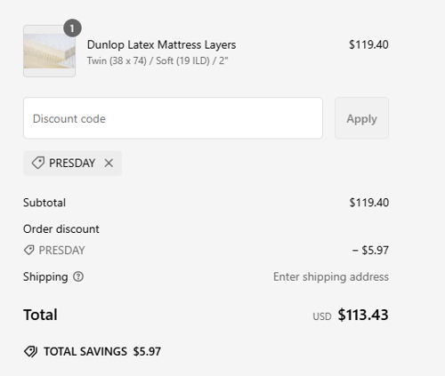 proof of working Latex Mattress Factory discount codes PRESDAY