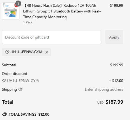 proof of working Redodo Power coupon codes UH1U-EPNW-GYJA
