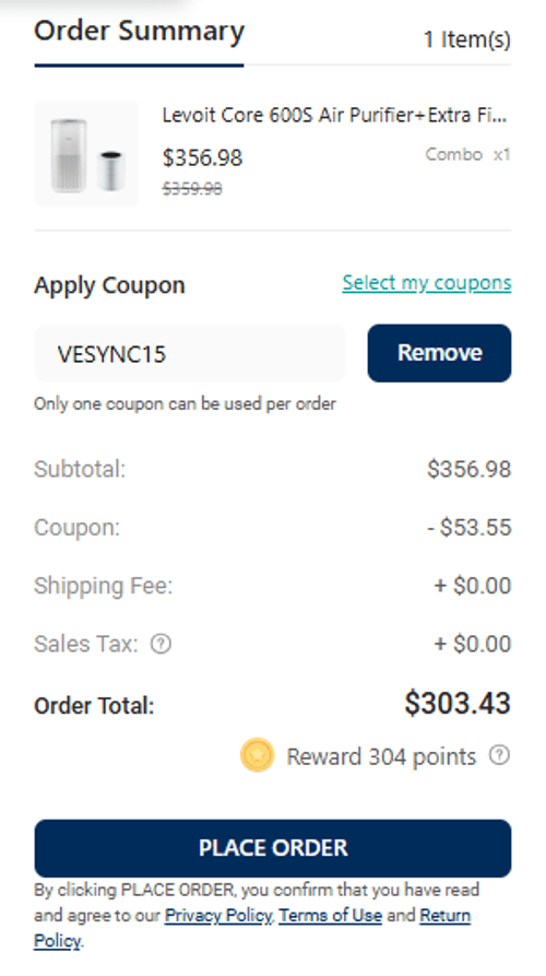 proof of working VeSync coupon codes VESYNC15