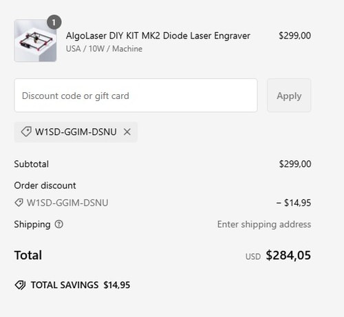proof of working AlgoLaser discount codes W1SD-GGIM-DSNU