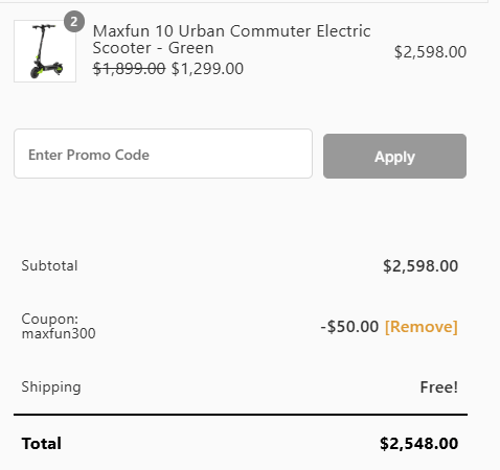 proof of working MaxFun Scooter coupon codes MAXFUN300