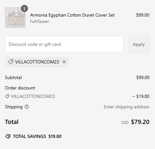 proof of working Villa Cotton coupon codes VILLACOTTONCOM23