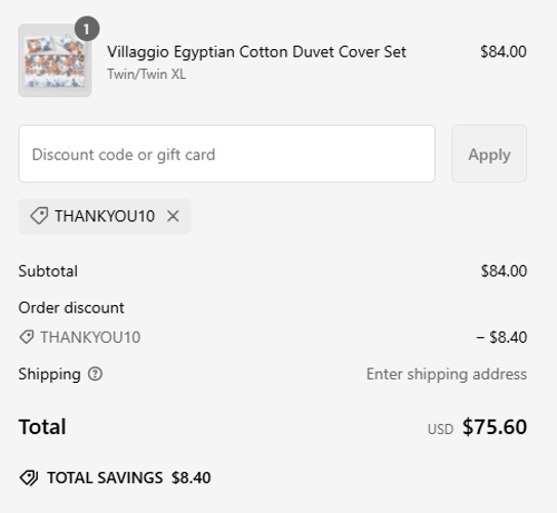 proof of working Villa Cotton coupon codes THANKYOU10