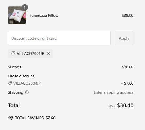 proof of working Villa Cotton coupon codes VILLACO2004JP