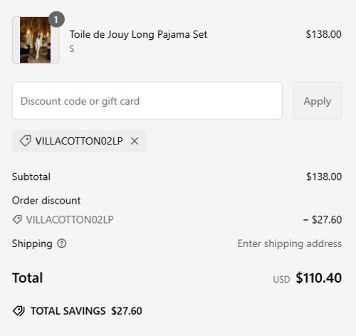 proof of working Villa Cotton coupon codes VILLACOTTON02LP