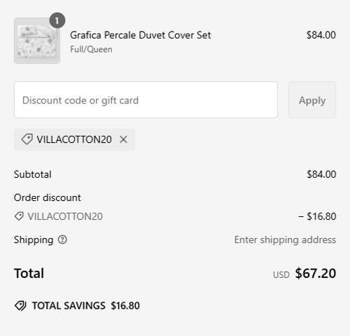 proof of working Villa Cotton coupon codes VILLACOTTON20