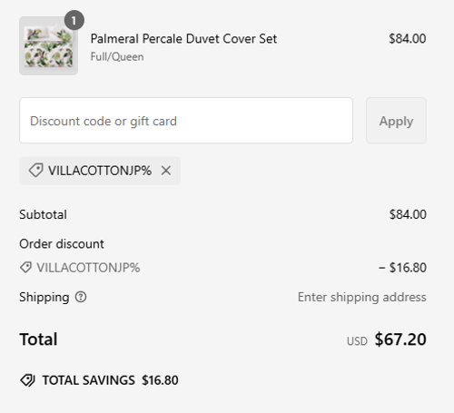 proof of working Villa Cotton coupon codes VILLACOTTONJP%