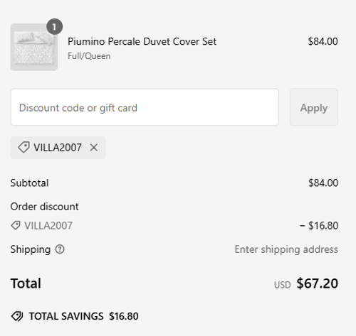proof of working Villa Cotton coupon codes VILLA2007