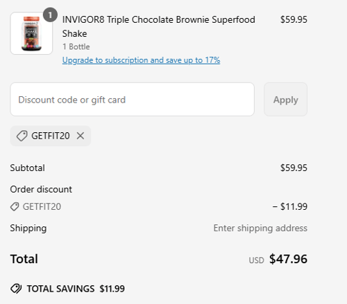 proof of working INVIGOR8 promo codes GETFIT20