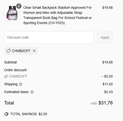proof of working Clear Handbags & More coupon codes CHM$2OFF
