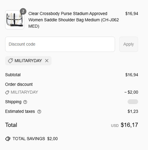 proof of working Clear Handbags & More coupon codes MILITARYDAY
