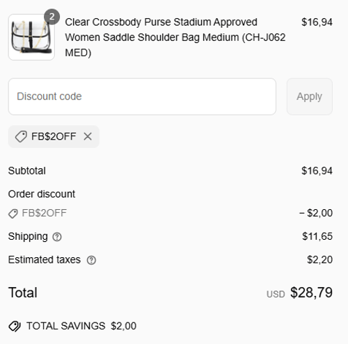proof of working Clear Handbags & More coupon codes FB$2OFF